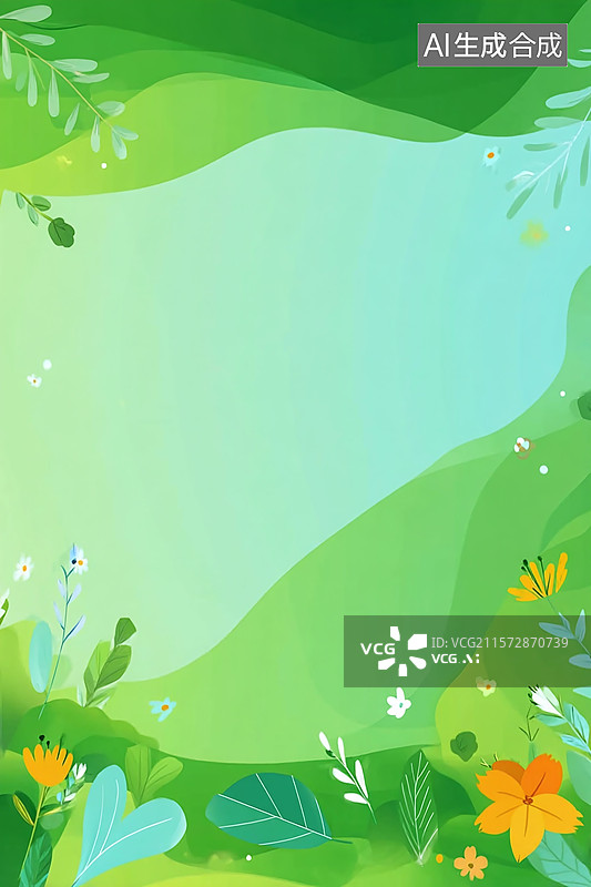 【AI数字艺术】绿色系手绘自然插画，以花草植物装饰营造清新生态氛围，适配儿童与春日主题设计需求图片素材