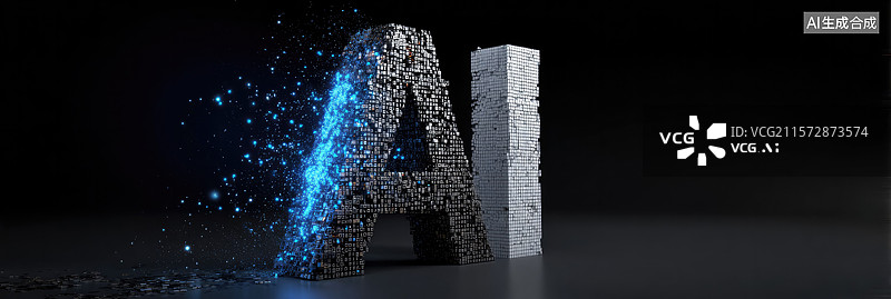 【AI数字艺术】未来派人工智能AI标志赛博朋克发光蓝点组成"AI"字母的3D几何图案抽象商业科技公司背景图片素材