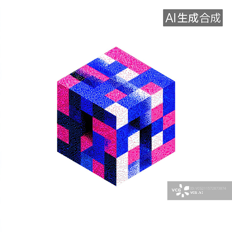 【AI数字艺术】由蓝色和粉色方块组成的等距抽象立方体白色背景上的创意像素艺术图案书籍封面和科技几何商业和金融图片素材