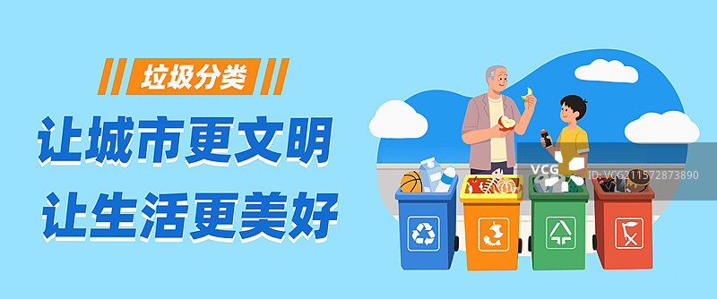 文明城市海报垃圾分类文明行动扁平插画横版海报公众号封面图片素材