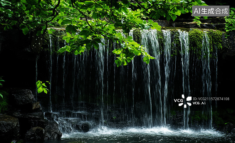 【AI数字艺术】森林中的小瀑布图片素材