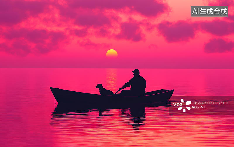 【AI数字艺术】夕阳下的宁静划船图片素材