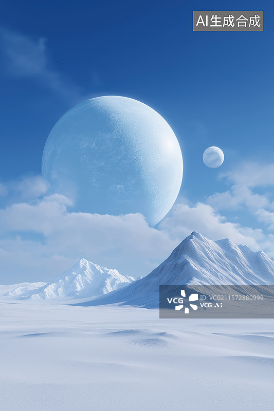 【AI数字艺术】冰原上的巨大行星图片素材