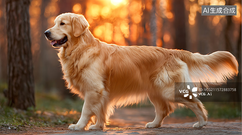 【AI数字艺术】金毛犬在阳光照耀的森林小径上行走，温暖的日落时分，侧视图带有浅景深和美丽的模糊自然背景。图片素材