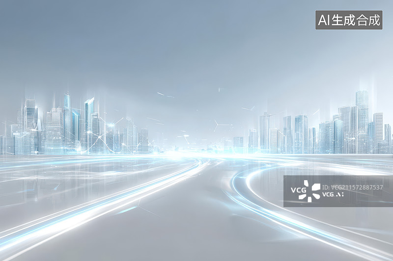 【AI数字艺术】​未来科技感城市建筑与光影道路图片素材