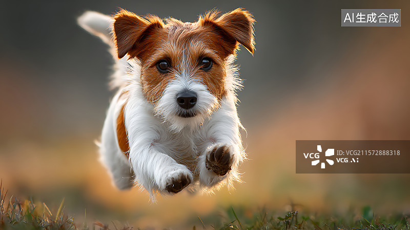 【AI数字艺术】活力四射的杰克罗素梗犬在金色阳光照耀的草地上奔跑，带有动态运动模糊效果，低角度拍摄于黄金时段，浅景深图片素材
