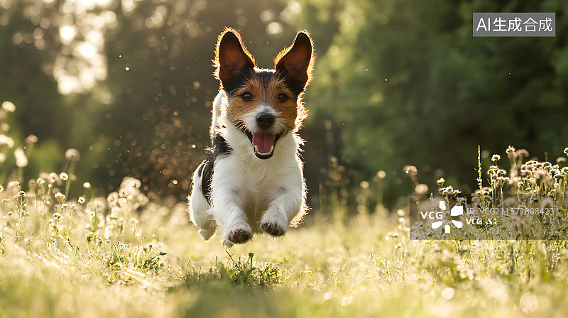 【AI数字艺术】活力四射的杰克罗素梗犬在金色阳光照耀的草地上奔跑，带有动态运动模糊效果，低角度拍摄于黄金时段，浅景深图片素材