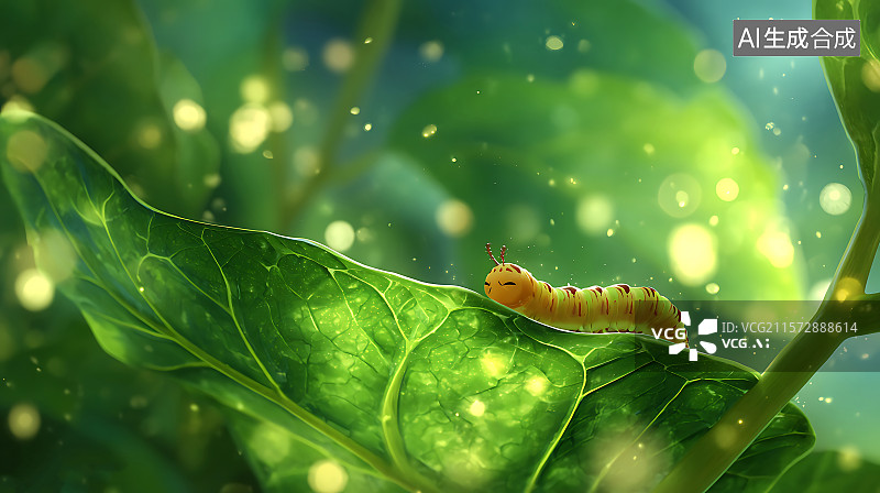 【AI数字艺术】热带雨林中一只可爱的毛毛虫躺在大叶子上休息，温暖的阳光照射下，它圆滚滚的身体随着呼吸轻轻蠕动，正在做图片素材