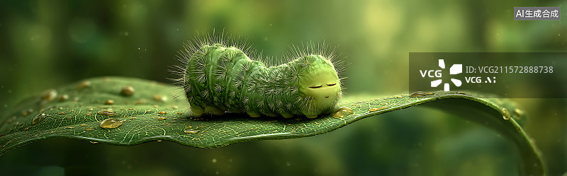 【AI数字艺术】热带雨林中一只可爱的毛毛虫躺在大叶子上休息，温暖的阳光照射下，它圆滚滚的身体随着呼吸轻轻蠕动，正在做图片素材