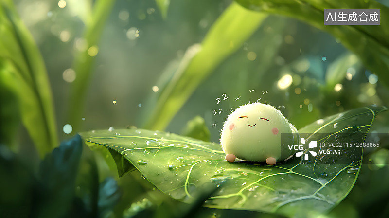 【AI数字艺术】热带雨林中一只可爱的毛毛虫躺在大叶子上休息，温暖的阳光照射下，它圆滚滚的身体随着呼吸轻轻蠕动，正在做图片素材