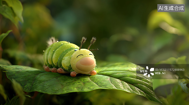 【AI数字艺术】热带雨林中一只可爱的毛毛虫躺在大叶子上休息，温暖的阳光照射下，它圆滚滚的身体随着呼吸轻轻蠕动，正在做图片素材