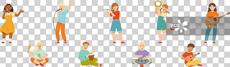 快乐的少年和少女在玩不同的乐器图片素材