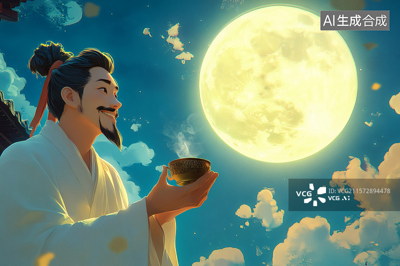 【AI数字艺术】满月，古代男子端着茶杯喝茶图片素材