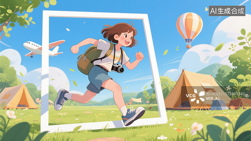 【AI数字艺术】穿着短袖短裤运动鞋背着包脖子挂着相机的短发卡通女孩从白色矩形画框中跑出，夏日出行旅游度假主题背景图片素材