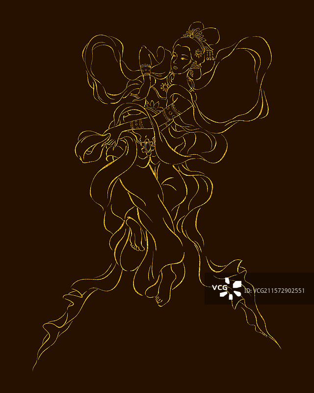 手绘甘肃莫高窟敦煌美女飞天反弹琵琶金箔线稿。图片素材