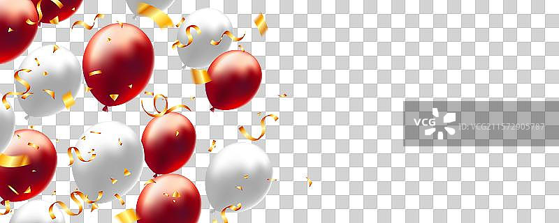 漂浮的气球、丝带和五彩纸屑装饰图片素材