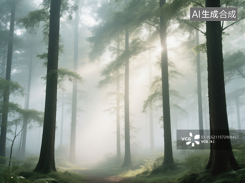 【AI数字艺术】雾林晨辉：阳光穿林的静谧之境图片素材