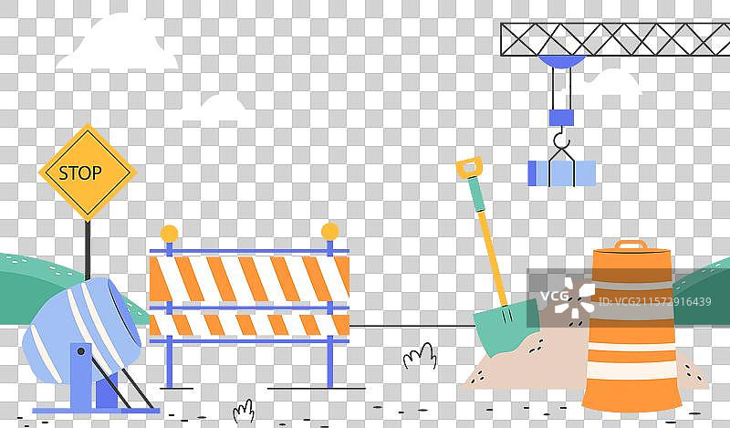 施工现场有停止标志、障碍物和铲子图片素材