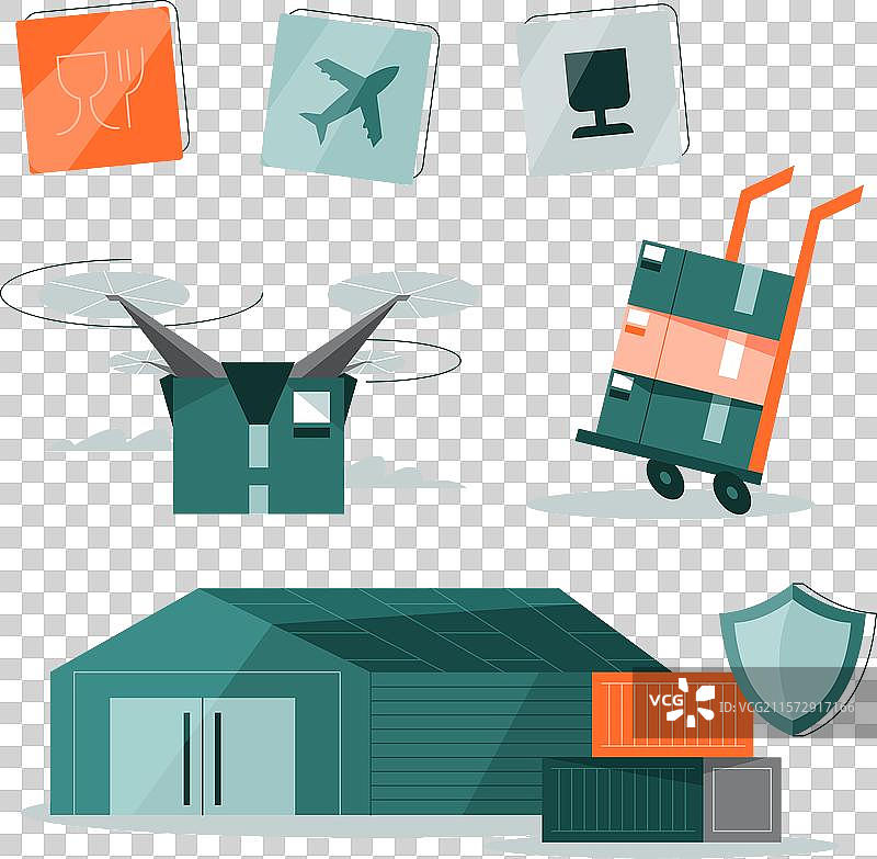 一个仓库，一架直升机，一个装有箱子的手推车图片素材