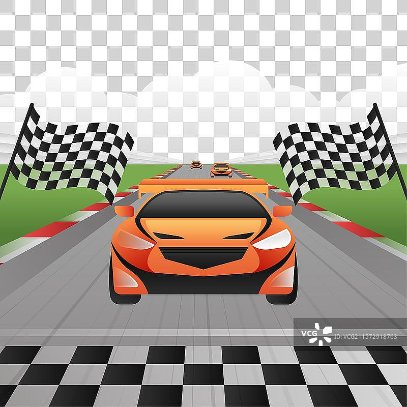 橙色赛车在赛道上与方格旗竞速图片素材