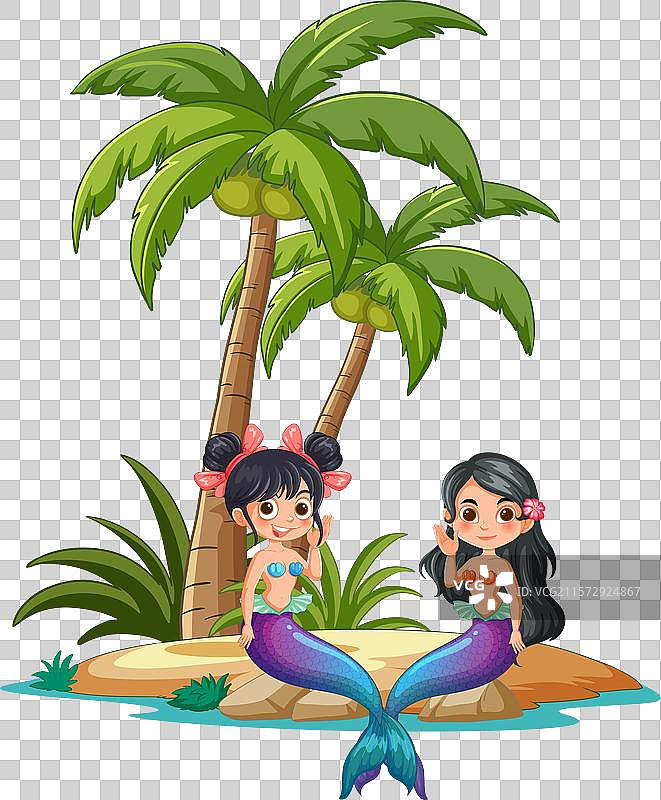 两个美人鱼坐在岛上的棕榈树旁图片素材
