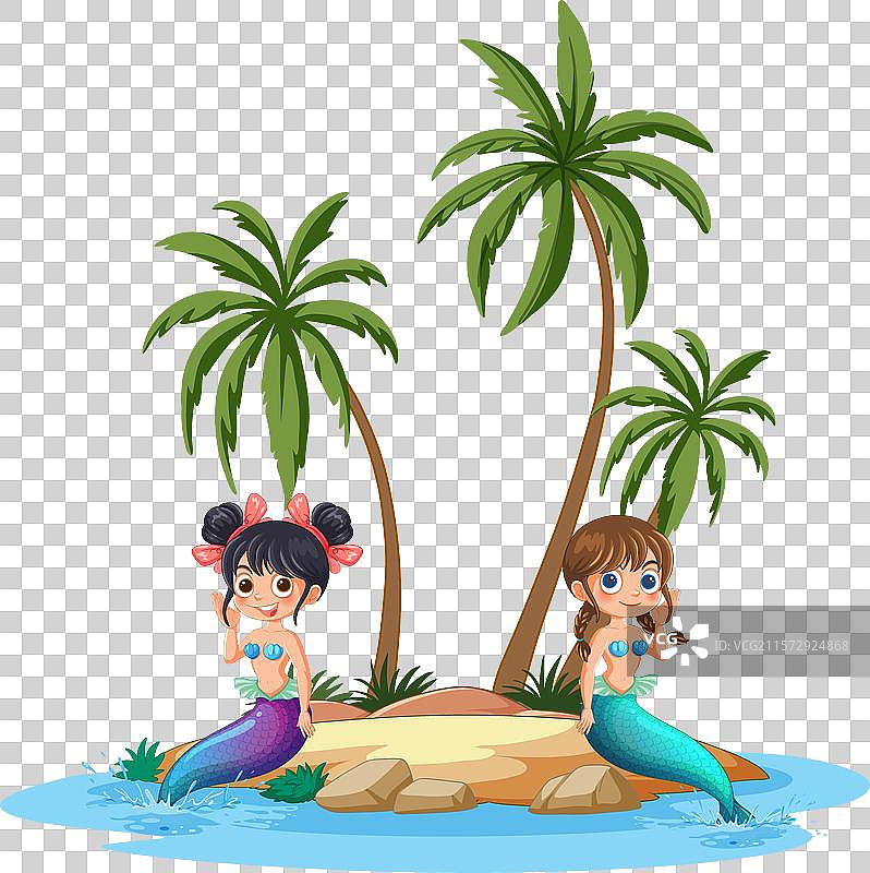 两个美人鱼坐在一个小岛上图片素材