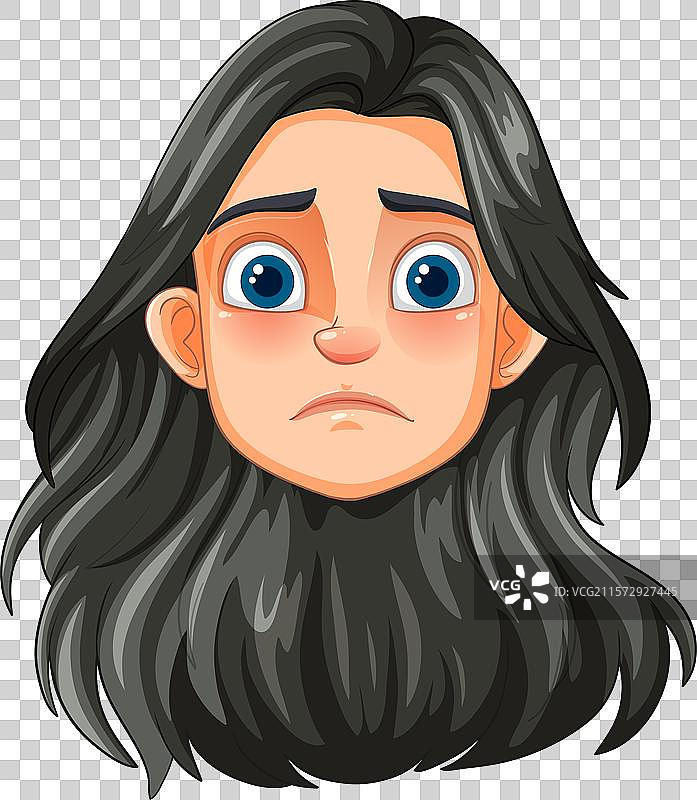 一个长着黑色长发的悲伤面孔图片素材