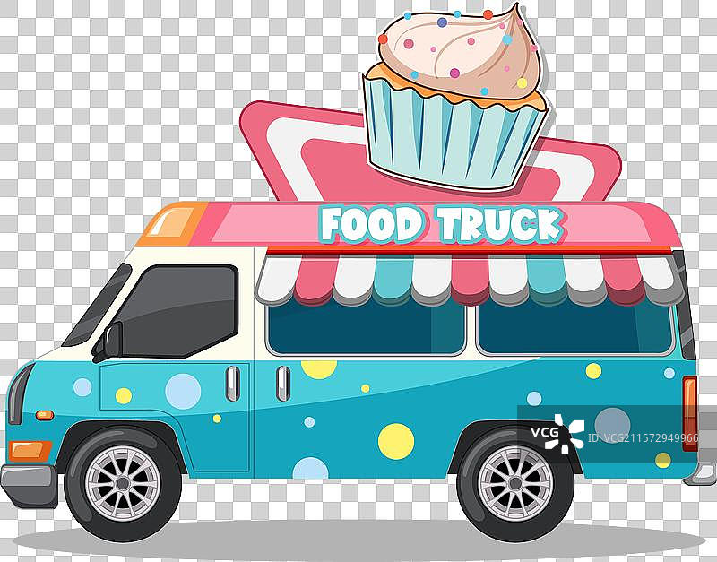 明亮的食品车上挂着一个巨大的杯子蛋糕标志图片素材