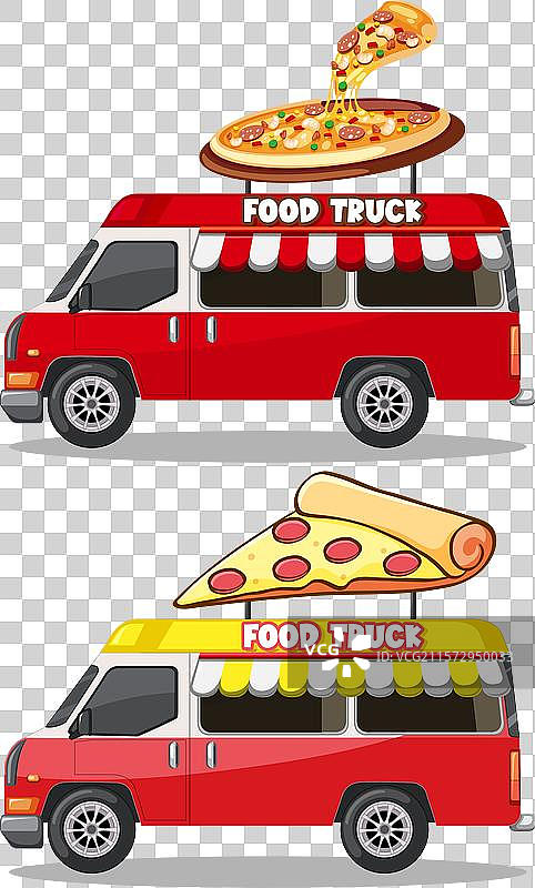 两辆色彩鲜艳的餐车提供美味的披萨图片素材