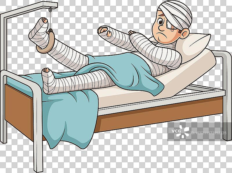 重伤男子在医院病床上的卡通形象图片素材
