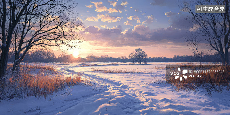 【AI数字艺术】落日余晖中的雪原田野图片素材