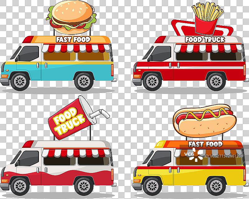 四辆色彩鲜艳的餐车，提供各种快餐图片素材