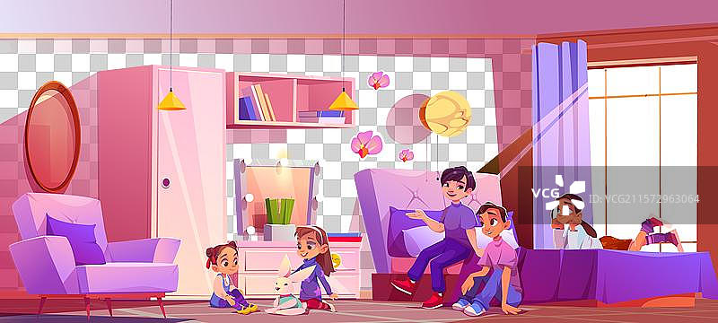 粉色儿童卧室内的孩子们图片素材