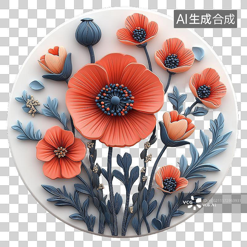 【AI数字艺术】橙色花朵与蓝色叶子的圆形装饰图案图片素材