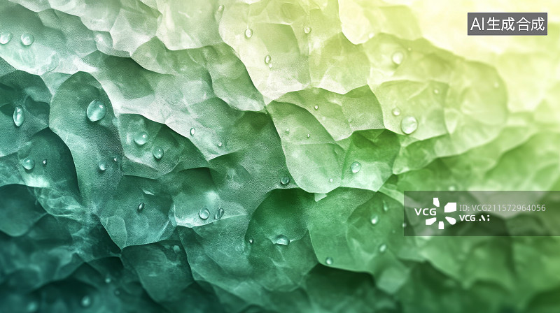 【AI数字艺术】绿色晶体表面的水滴特写图片素材