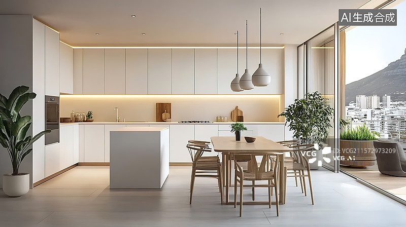 【AI数字艺术】现代风格奶油色厨房室内设计图片素材