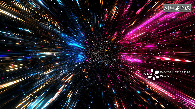【AI数字艺术】能量流模拟：多彩光束汇聚于宇宙深处的速度幻象图片素材