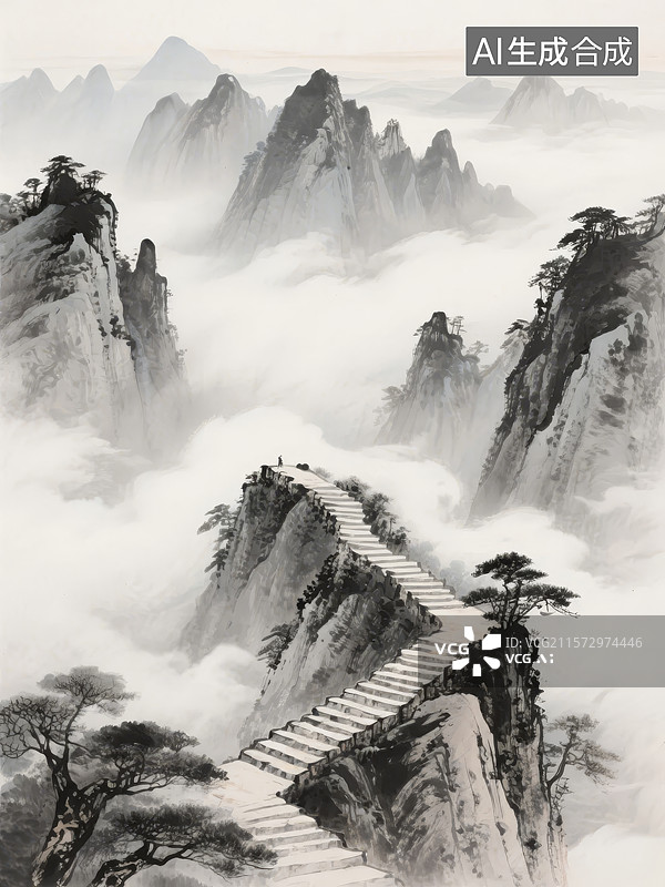 【AI数字艺术】云海山峰间的石阶小径图片素材