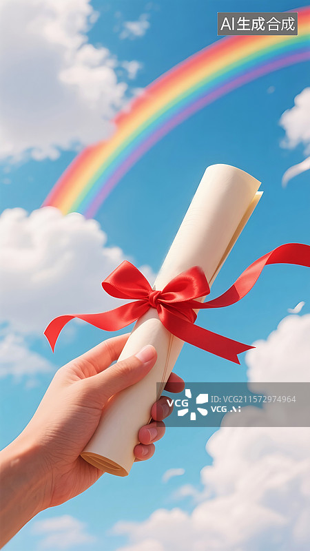 【AI数字艺术】一只手拿着红色丝带系着的录取通知书，蓝天白云下的彩虹图片素材