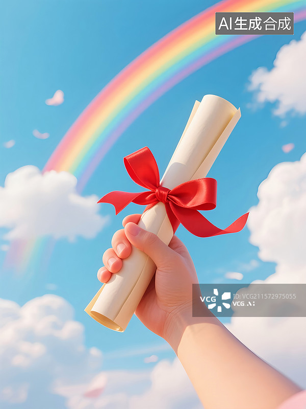 【AI数字艺术】一只手拿着红色丝带系着的录取通知书，蓝天白云下的彩虹图片素材