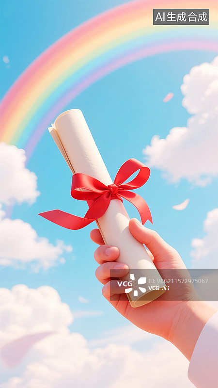 【AI数字艺术】一只手拿着红色丝带系着的录取通知书，蓝天白云下的彩虹图片素材