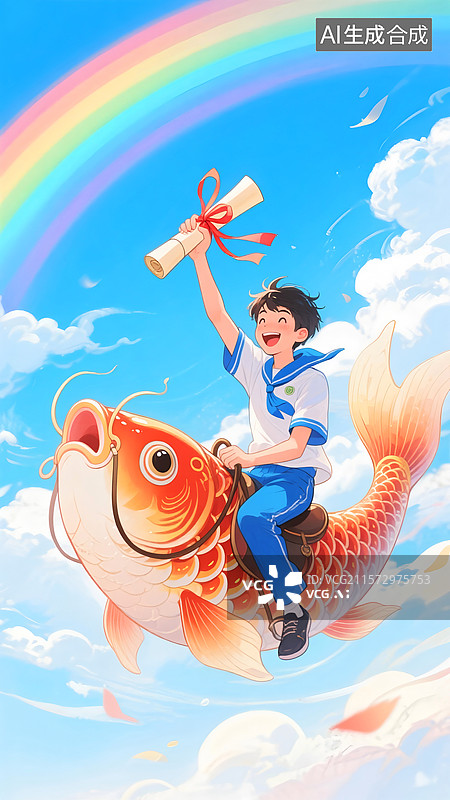 【AI数字艺术】骑着锦鲤的男孩女孩，高高的举起录取通知书，在蓝天白云彩虹的背景上，海报设计元素图片素材