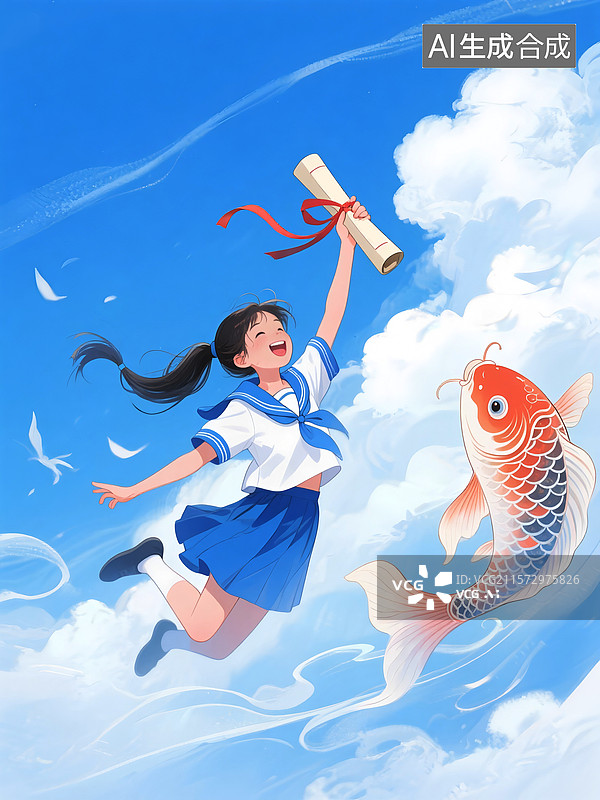【AI数字艺术】骑着锦鲤的男孩女孩，高高的举起录取通知书，在蓝天白云彩虹的背景上，海报设计元素图片素材
