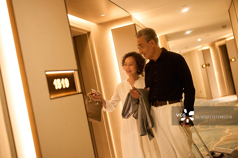 老年夫妇臂挽臂拉着皮箱走向酒店客房图片素材