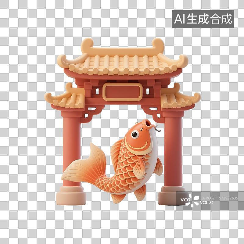 【AI数字艺术】3D鱼跃龙门图片素材