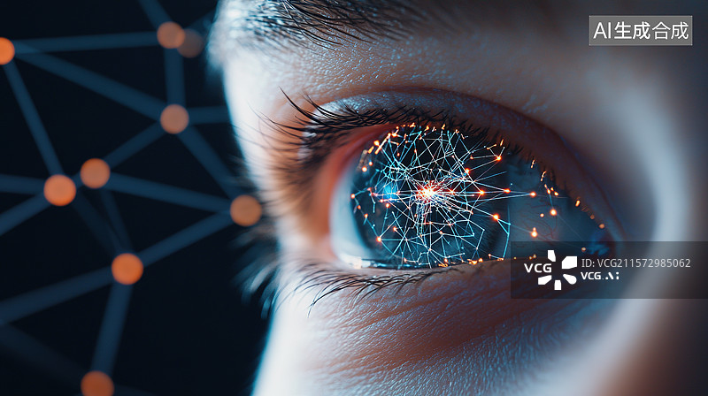 【AI数字艺术】人类瞳孔特写和反射出的科技之光图片素材