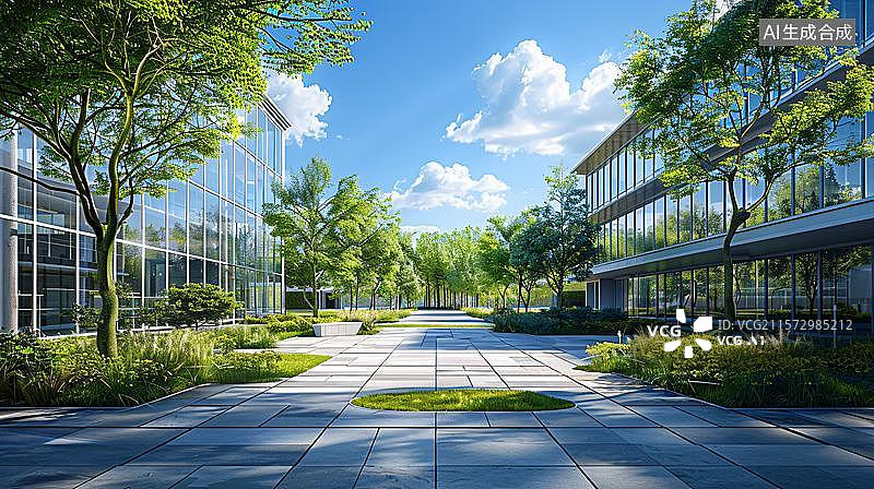【AI数字艺术】城市森林小道的光影漫步 玻璃幕墙与绿意交织图片素材