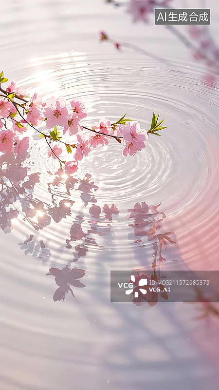 【AI数字艺术】极简风格桃花花丛春天踏青旅游湖边禅意插画海报背景配图图片素材