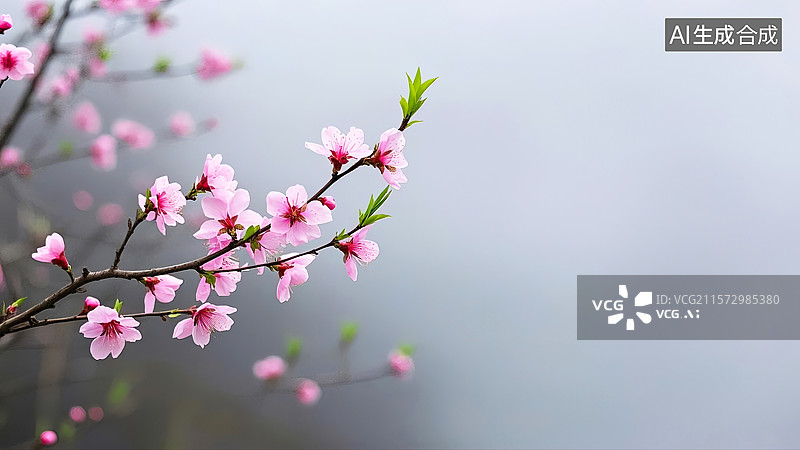 【AI数字艺术】极简风格桃花花丛春天踏青旅游湖边禅意插画海报背景配图图片素材