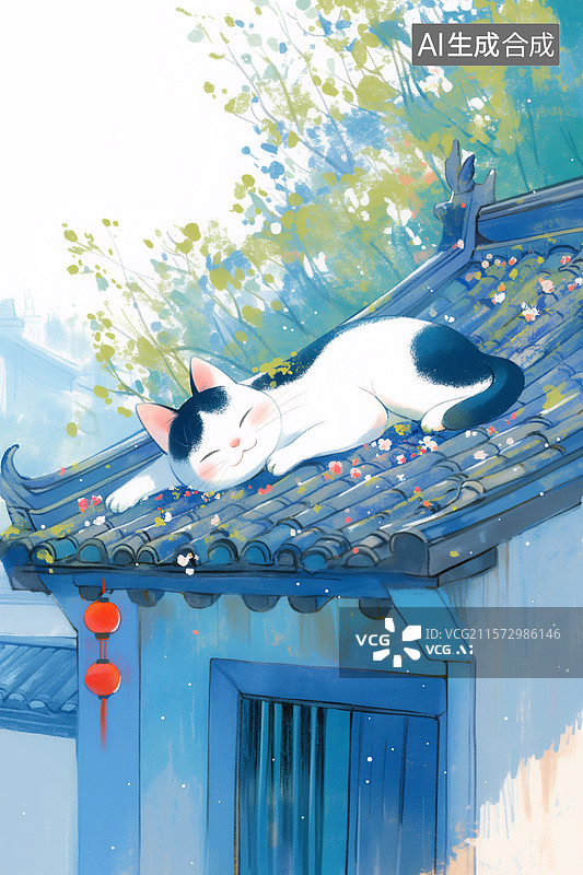 【AI数字艺术】可爱的小花猫在瓦房顶上睡觉树木灯笼绘本插画图片素材
